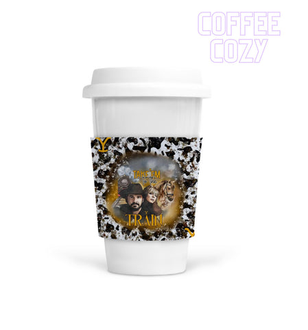 Coffee Cozy - Train Station Cow Print