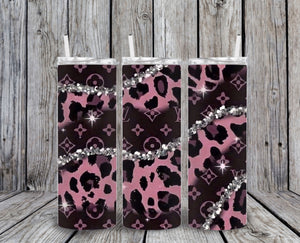 Skinny Tumbler -Pink/Black Leopard Silver Sparkles